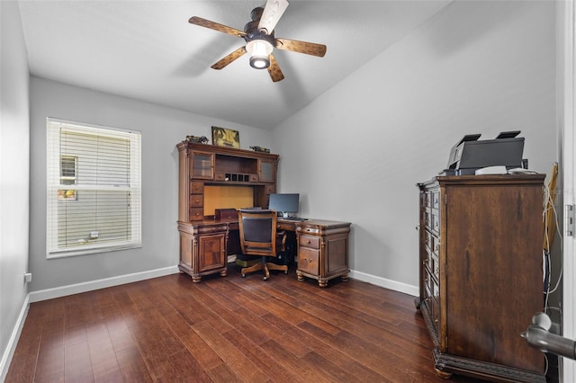 18631 Le Dauphine Pl, Lutz, FL 33558 - office with baseboards, a ceiling fan, dark wood-style flooring, and vaulted ceiling