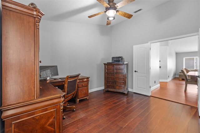 18631 Le Dauphine Pl, Lutz, FL 33558 - home office featuring ceiling fan, dark wood-style floors, and baseboards