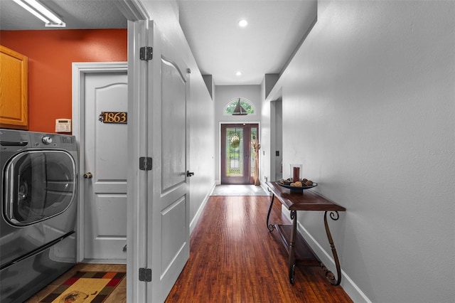 18631 Le Dauphine Pl, Lutz, FL 33558 - clothes washing area with washer / clothes dryer, cabinet space, dark wood-style flooring, baseboards, and recessed lighting