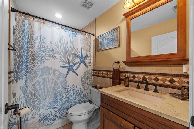 18631 Le Dauphine Pl, Lutz, FL 33558 - bathroom with tile walls, toilet, vanity, and a shower with shower curtain