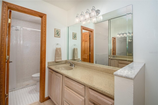 full bathroom with toilet, tile patterned floors, vanity, and curtained shower