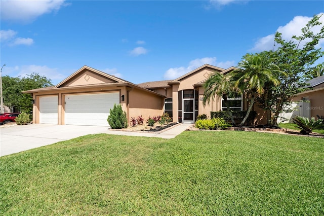 ranch-style home with stucco siding, a garage, driveway, and a front yard