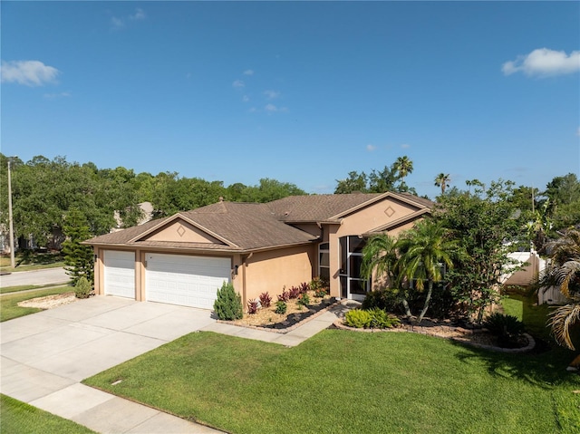 ranch-style home with stucco siding, a garage, driveway, and a front yard