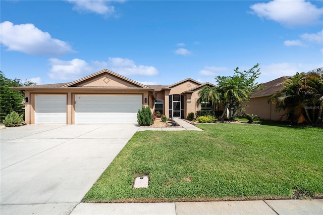 ranch-style home with a garage, driveway, stucco siding, and a front yard