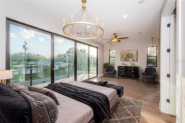 bedroom with access to outside, light wood-style floors, a chandelier, recessed lighting, and baseboards