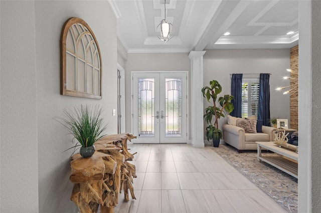 21642 Emory Oak Pl, Land O Lakes, FL 34637 - foyer with french doors, crown molding, tile patterned flooring, recessed lighting, and beamed ceiling