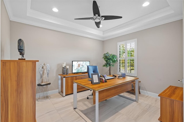 21642 Emory Oak Pl, Land O Lakes, FL 34637 - office area with a raised ceiling, ceiling fan, ornamental molding, baseboards, and recessed lighting