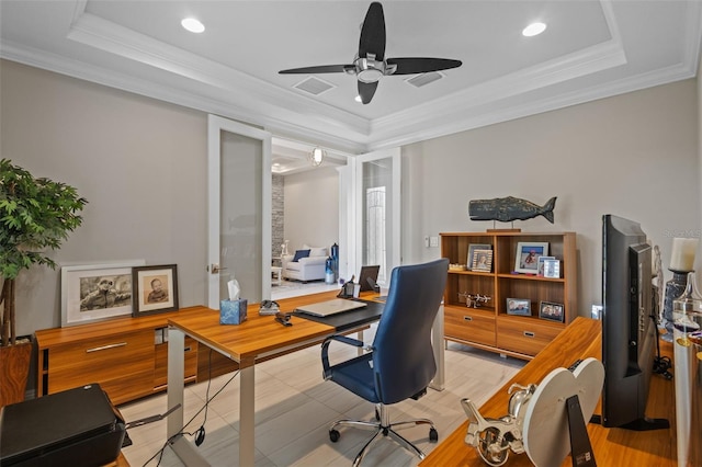 21642 Emory Oak Pl, Land O Lakes, FL 34637 - office with a ceiling fan, crown molding, a raised ceiling, and recessed lighting