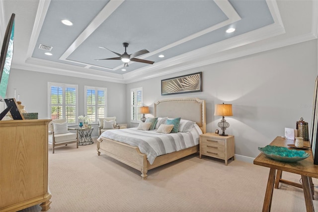 21642 Emory Oak Pl, Land O Lakes, FL 34637 - bedroom featuring a raised ceiling, light colored carpet, ornamental molding, recessed lighting, and baseboards