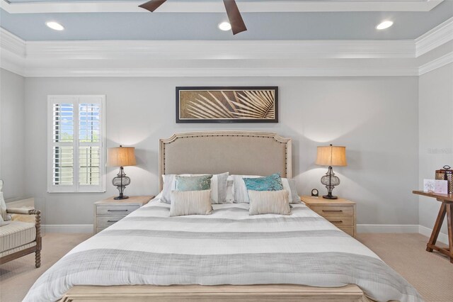 21642 Emory Oak Pl, Land O Lakes, FL 34637 - carpeted bedroom featuring crown molding, baseboards, a raised ceiling, recessed lighting, and a ceiling fan