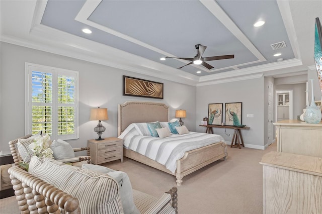 21642 Emory Oak Pl, Land O Lakes, FL 34637 - bedroom with a tray ceiling, ornamental molding, light colored carpet, baseboards, and ceiling fan
