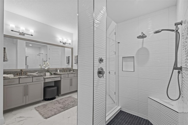 21642 Emory Oak Pl, Land O Lakes, FL 34637 - bathroom with a stall shower, vanity, and marble finish floors