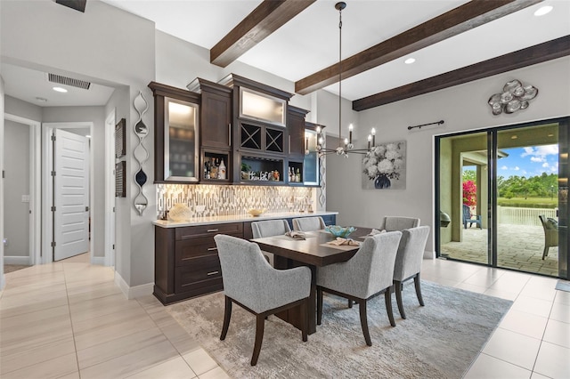 21642 Emory Oak Pl, Land O Lakes, FL 34637 - dining room with light tile patterned floors, a chandelier, beam ceiling, baseboards, and recessed lighting