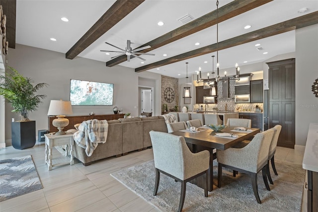 21642 Emory Oak Pl, Land O Lakes, FL 34637 - dining space featuring recessed lighting, beamed ceiling, ceiling fan, and light tile patterned flooring