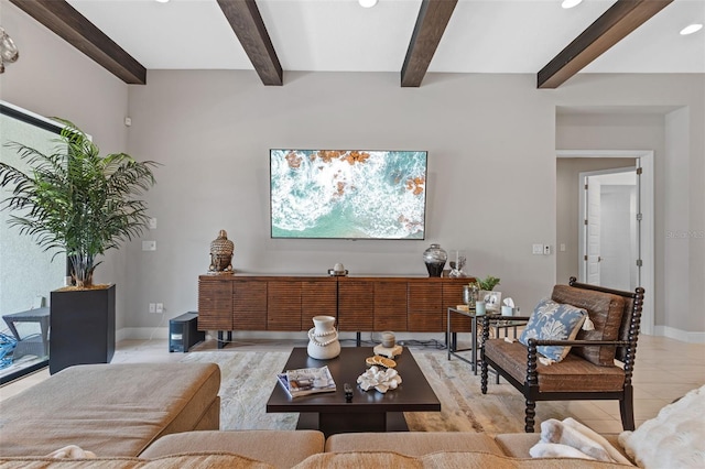 21642 Emory Oak Pl, Land O Lakes, FL 34637 - living room featuring light tile patterned floors, recessed lighting, beamed ceiling, and baseboards