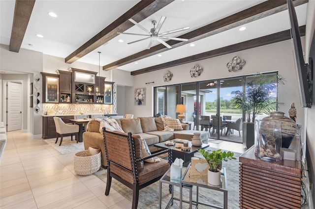 21642 Emory Oak Pl, Land O Lakes, FL 34637 - living room featuring beamed ceiling, light tile patterned floors, a ceiling fan, and recessed lighting
