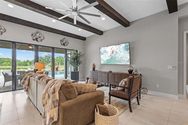 21642 Emory Oak Pl, Land O Lakes, FL 34637 - living room featuring ceiling fan, beam ceiling, light tile patterned floors, baseboards, and recessed lighting