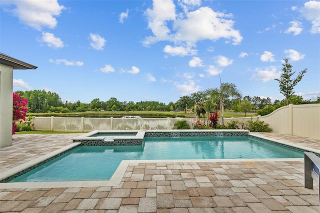 21642 Emory Oak Pl, Land O Lakes, FL 34637 - view of pool featuring a patio area, a fenced backyard, a pool with connected hot tub, and a water view