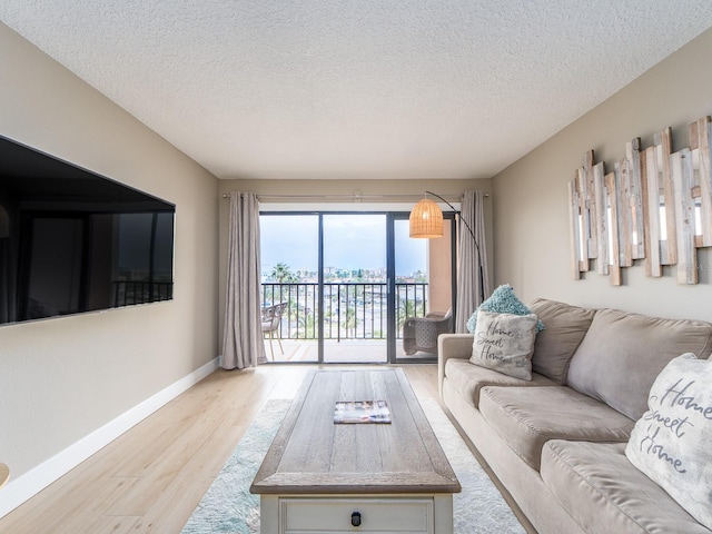living room with light wood finished floors, a textured ceiling, and baseboards