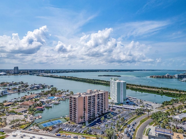 bird's eye view of a nearby body of water and a notable bridge