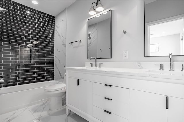 607 W Euclid Ave Unit 3, Tampa, FL 33602 - bathroom with marble finish flooring, double vanity, toilet, shower / bathtub combination, and recessed lighting