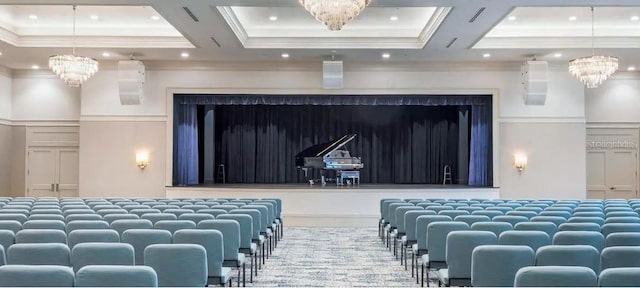 home theater featuring a chandelier, recessed lighting, crown molding, and beamed ceiling