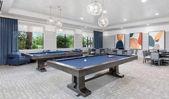 recreation room featuring carpet, a tray ceiling, billiards table, healthy amount of natural light, and recessed lighting