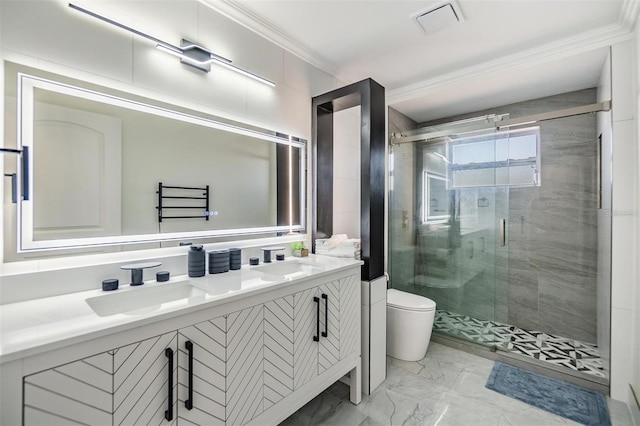 5744 150th Ave N, Clearwater, FL 33760 - full bathroom featuring a stall shower, crown molding, marble look tiles, double vanity, and toilet