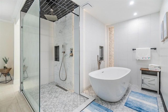 5744 150th Ave N, Clearwater, FL 33760 - bathroom featuring a soaking tub, walk in shower, recessed lighting, and ornamental molding