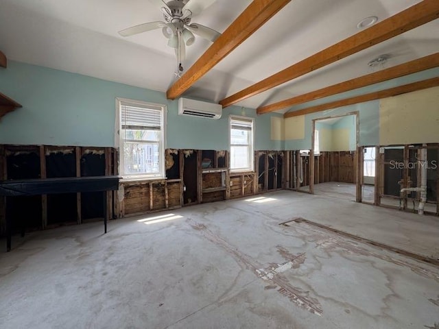 13326 1st St E, Madeira Beach, FL 33708 - unfurnished living room with a wall mounted AC, ceiling fan, and beam ceiling