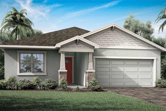 view of front of property featuring stucco siding, decorative driveway, a garage, a shingled roof, and stone siding