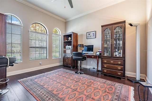 32242 Summerglade Dr, Wesley Chapel, FL 33545 - office area with healthy amount of natural light, crown molding, a ceiling fan, dark wood-style flooring, and baseboards