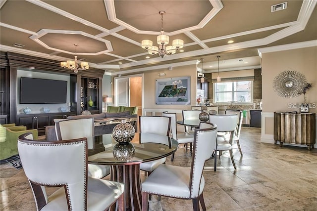 32242 Summerglade Dr, Wesley Chapel, FL 33545 - dining area with a chandelier, coffered ceiling, and crown molding
