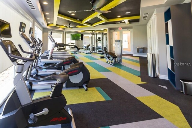 32242 Summerglade Dr, Wesley Chapel, FL 33545 - exercise room featuring a ceiling fan, carpet, and recessed lighting