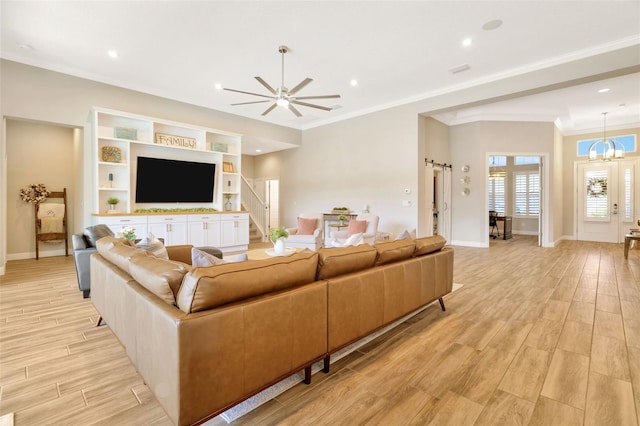 4093 Epic Cv, Land O Lakes, FL 34638 - living area featuring light wood finished floors, a ceiling fan, baseboards, crown molding, and recessed lighting