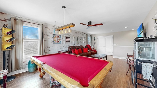 5040 Inshore Landing Dr, Apollo Beach, FL 33572 - game room with a ceiling fan, baseboards, pool table, wood finished floors, and wallpapered walls