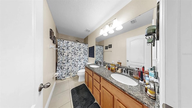5040 Inshore Landing Dr, Apollo Beach, FL 33572 - full bath featuring tile patterned floors, toilet, double vanity, and a shower with curtain