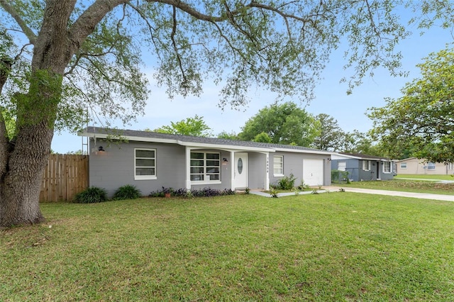 ranch-style home with concrete driveway and an attached garage