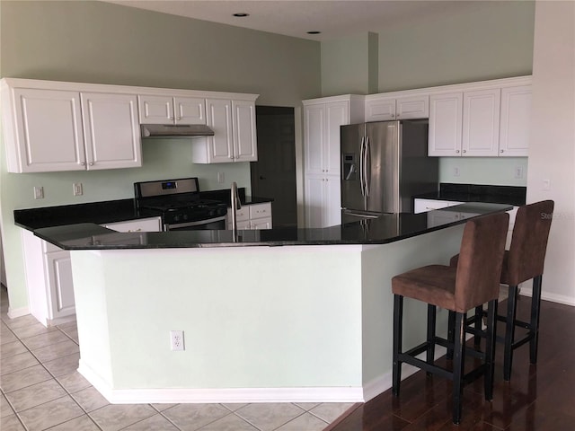 4512 River Overlook Dr, Valrico, FL 33596 - kitchen with appliances with stainless steel finishes, under cabinet range hood, white cabinetry, dark countertops, and baseboards