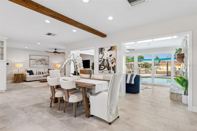 3912 Doral Dr, Tampa, FL 33634 - dining space featuring ceiling fan, beamed ceiling, and recessed lighting