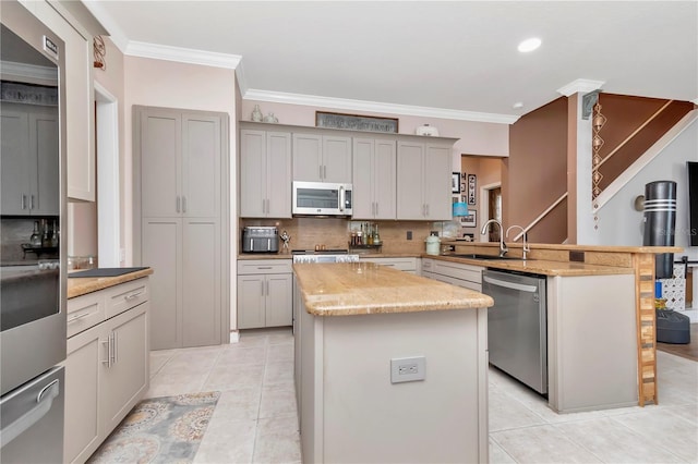 5103 Rushbrook Rd, Land O Lakes, FL 34638 - kitchen featuring appliances with stainless steel finishes, a sink, a peninsula, decorative backsplash, and ornamental molding