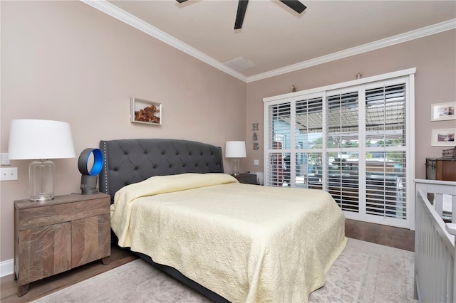 5103 Rushbrook Rd, Land O Lakes, FL 34638 - bedroom with ornamental molding, wood finished floors, a ceiling fan, and access to exterior