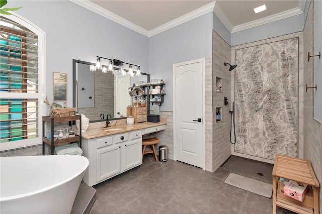5103 Rushbrook Rd, Land O Lakes, FL 34638 - full bathroom with a tile shower, tile patterned floors, crown molding, vanity, and a freestanding tub