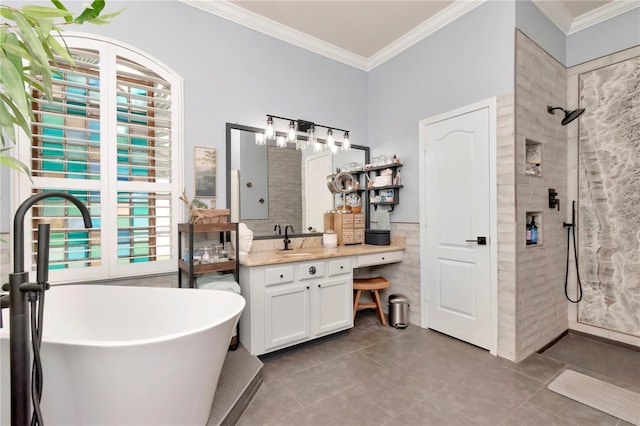 5103 Rushbrook Rd, Land O Lakes, FL 34638 - bathroom with tiled shower, crown molding, vanity, a freestanding bath, and tile patterned floors