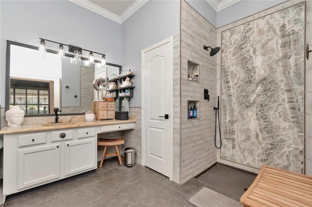 5103 Rushbrook Rd, Land O Lakes, FL 34638 - bathroom with ornamental molding, a tile shower, tile patterned flooring, and vanity