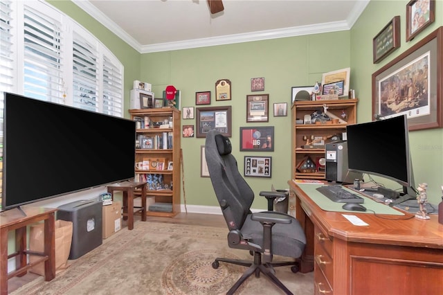 5103 Rushbrook Rd, Land O Lakes, FL 34638 - office space featuring crown molding, a ceiling fan, and baseboards