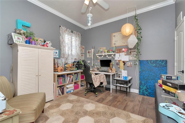 5103 Rushbrook Rd, Land O Lakes, FL 34638 - office with wood finished floors, ornamental molding, and a ceiling fan