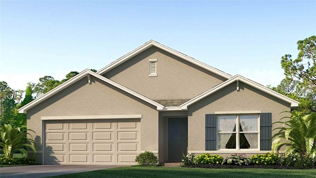 view of front of house with a garage, driveway, a front lawn, and stucco siding