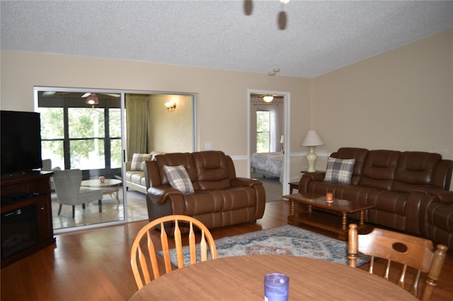 living area featuring a textured ceiling and wood finished floors