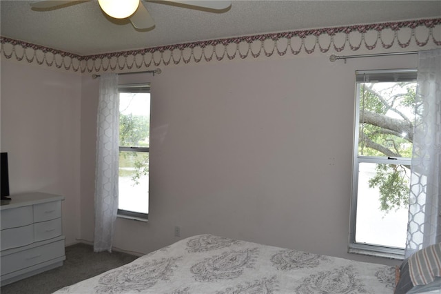 bedroom with multiple windows, carpet, and a ceiling fan